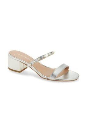 NEW Stuart Weitzman White Pearly Strap Block Slide 50 Sandals Glam Lux Womens 8
